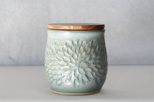 Frosted Blue Carved Lidded Jar