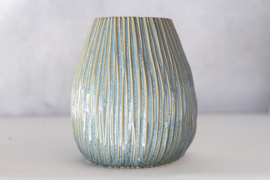 Frosted Blue Carved Vase