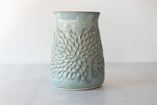 Frosted Blue Carved Vase