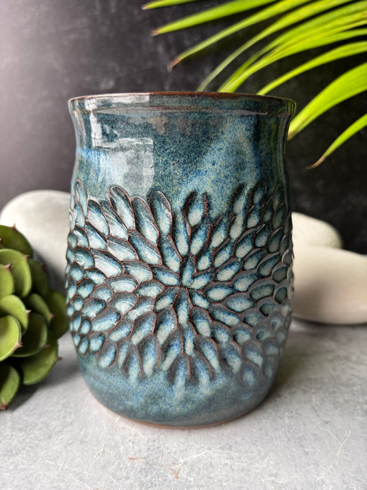 Floral Carved Floating Blue Vase