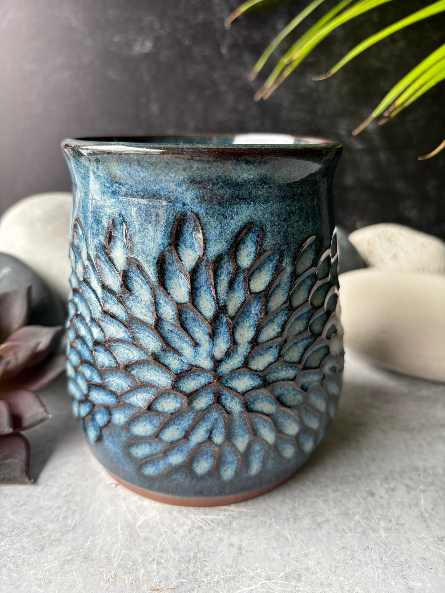 Floral Carved Floating Blue Vase