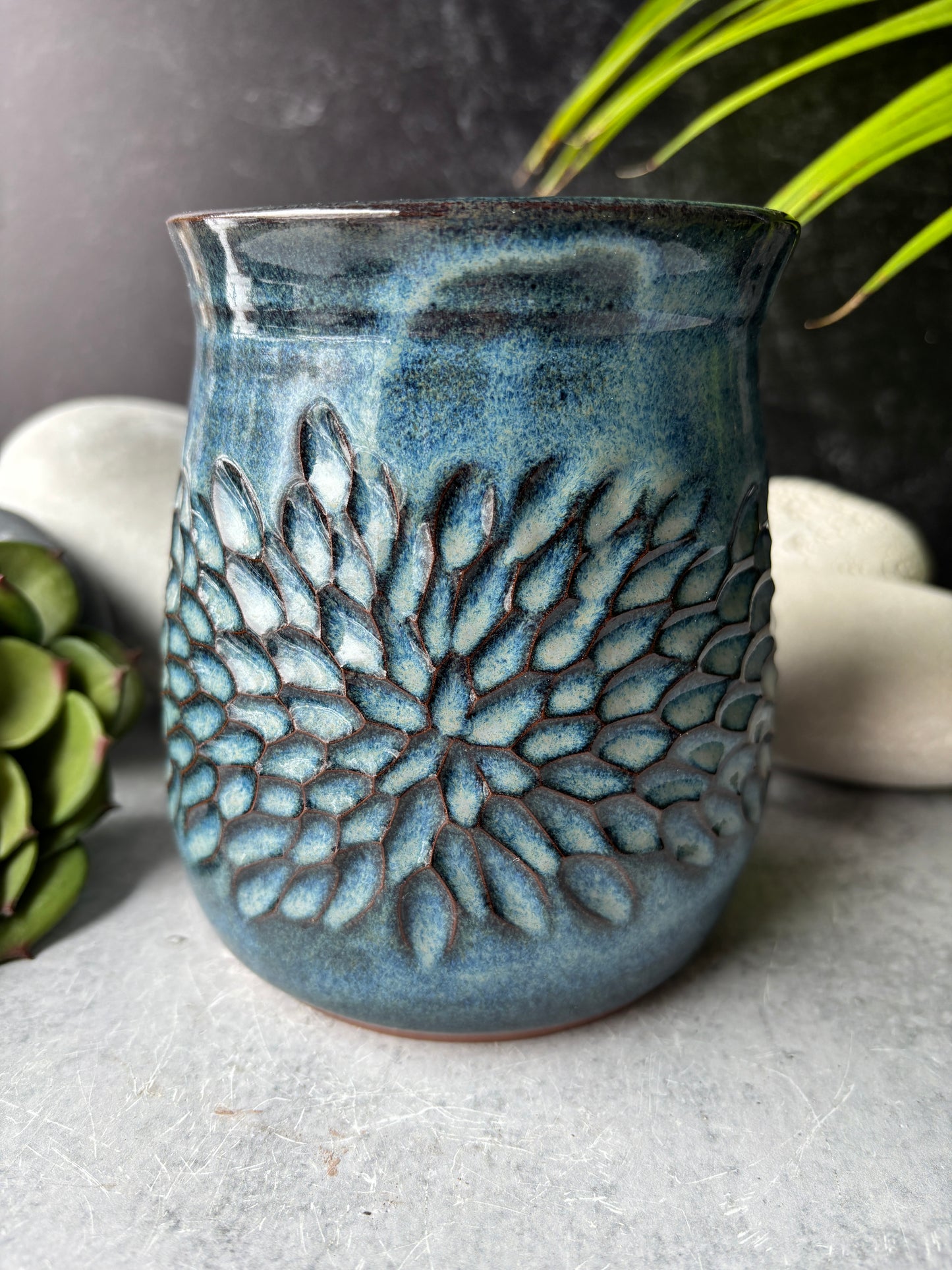 Floral Carved Floating Blue Vase