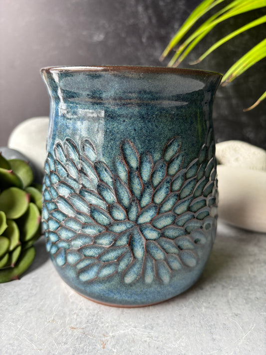 Floral Carved Floating Blue Vase