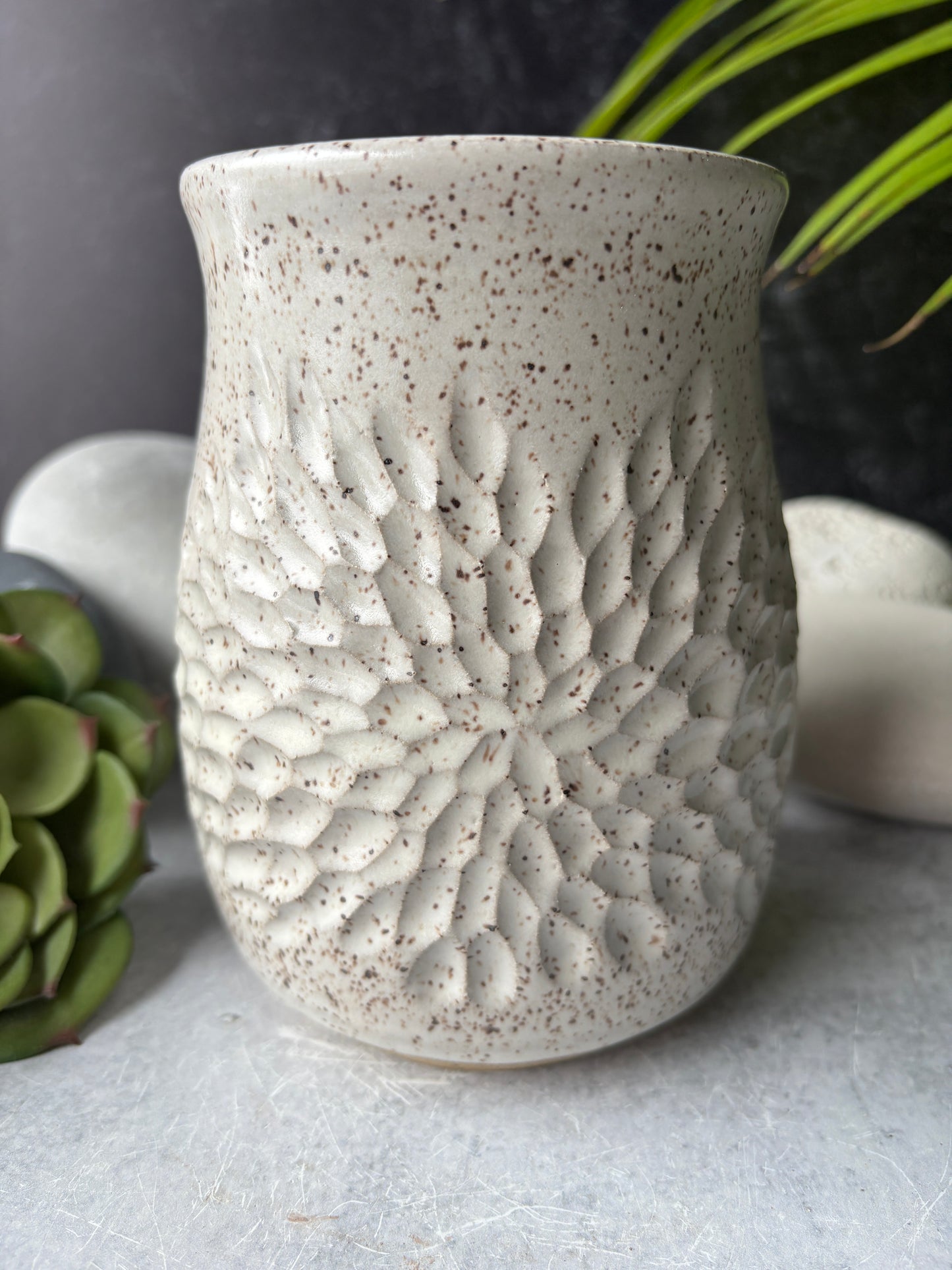 Floral Carved Speckled White Vase