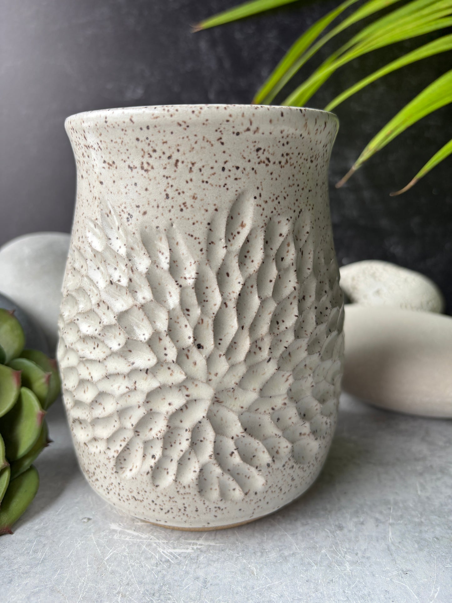 Floral Carved Speckled White Vase