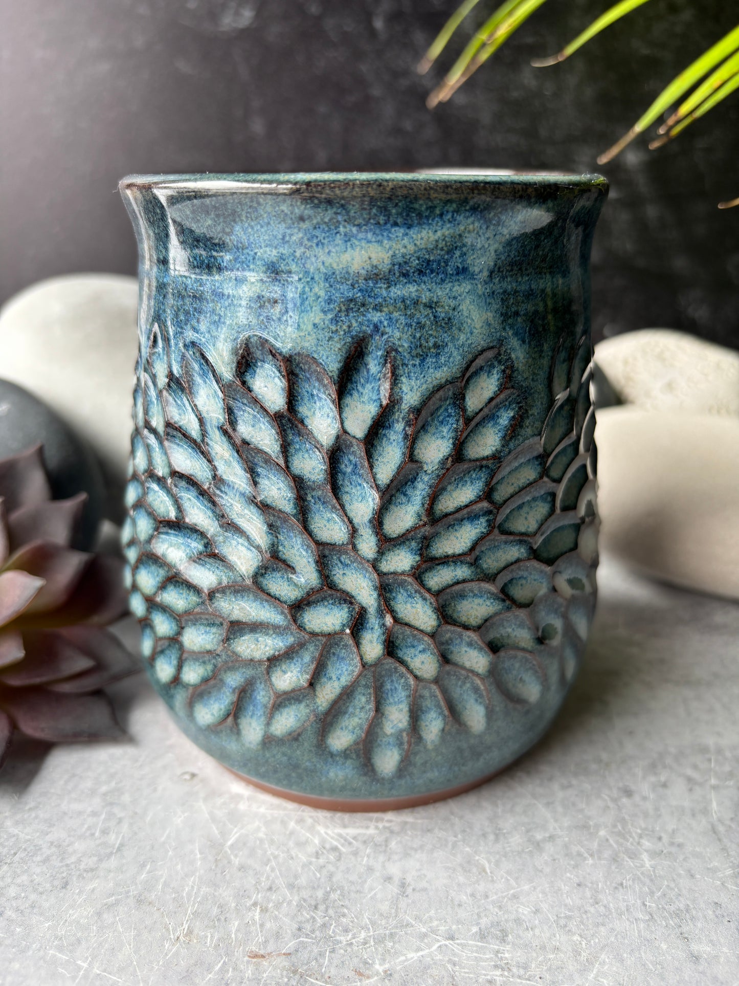 Floral Carved Floating Blue Vase