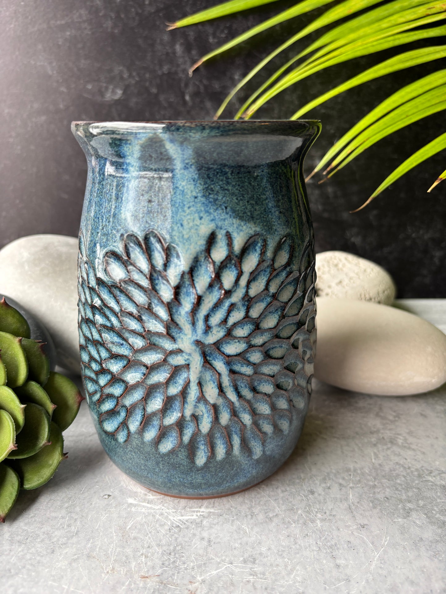 Floral Carved Floating Blue Vase