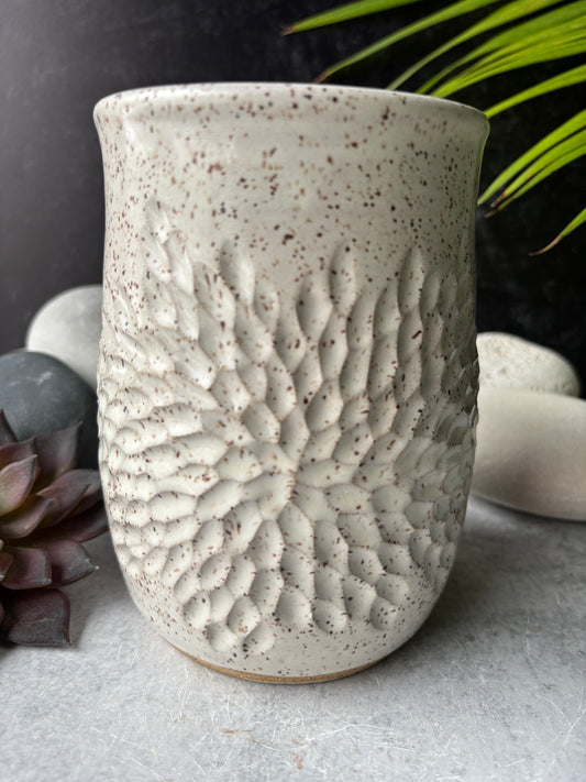 Floral Carved Speckled White Vase