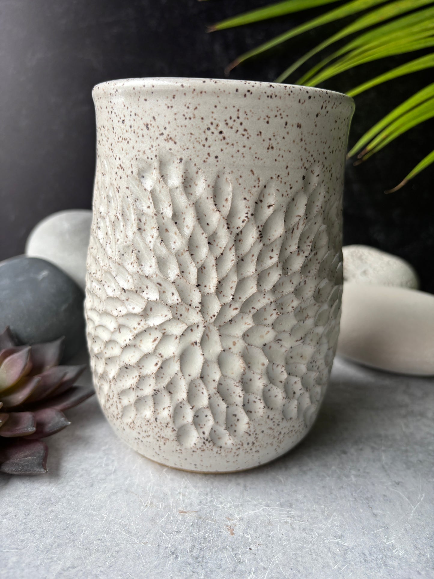 Floral Carved Speckled White Vase